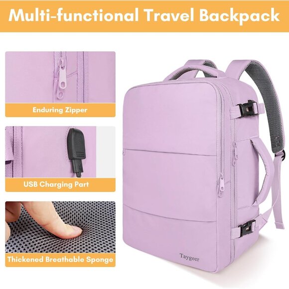 Taygeer Women's Orchid Purple Travel Backpack Carry On 15.6inch Laptop Backpack - Picture 8 of 9